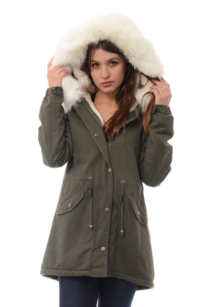 Piękna Damska Kurtka Parka Iwet Zielona z Białym Futerkiem