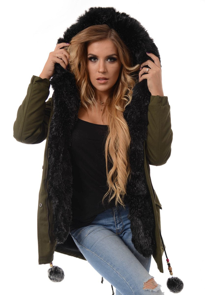 Piękna Damska Kurtka Parka Zielona z Czarnym Futerkiem