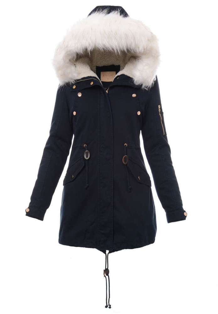 Damska Kurtka Parka Zimowa 2w1 Mila Granatowa Z Białym Futerkiem