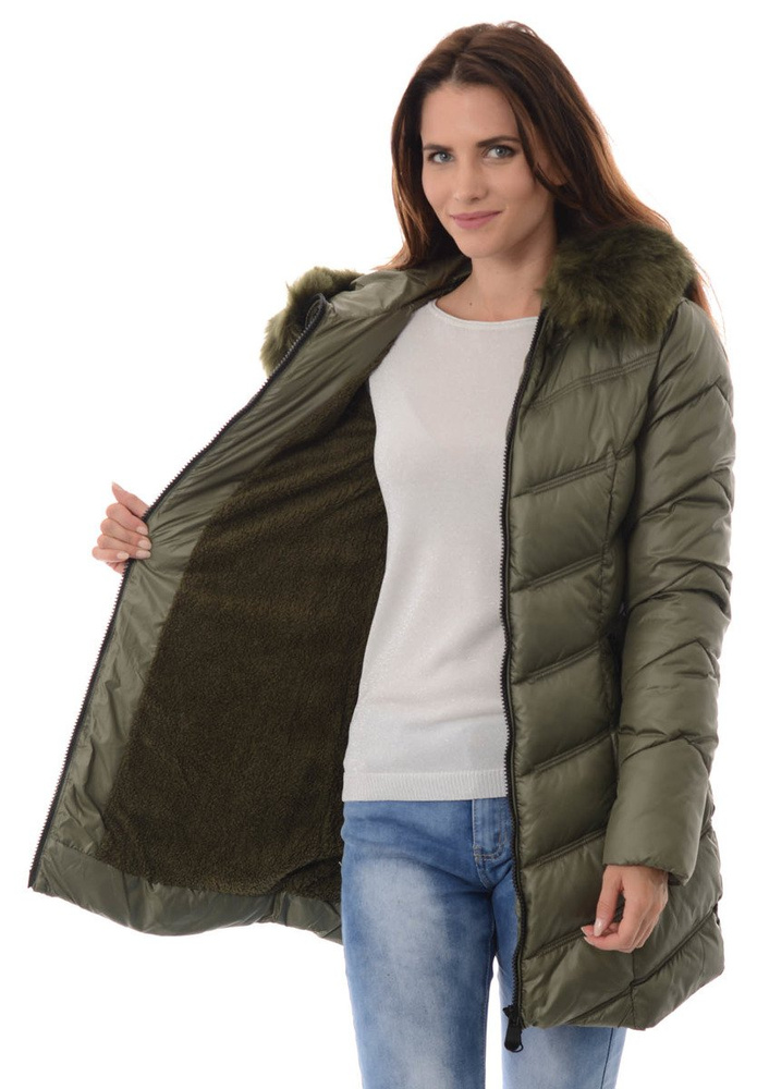 Damska Długa Zimowa Kurtka Ortalionowa Zielona