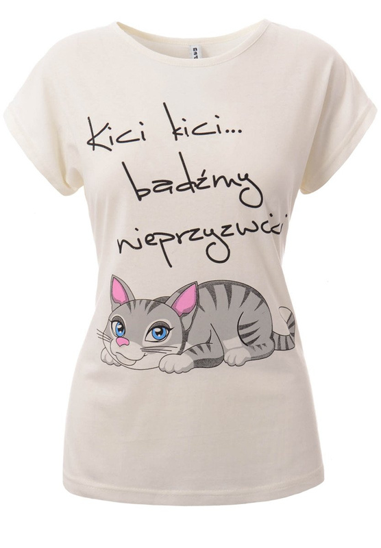 Damska Koszulka Krótki Rękaw T-Shirt Nadruk "Kici Kici Bądźmy Nieprzyzwoici" Ecru