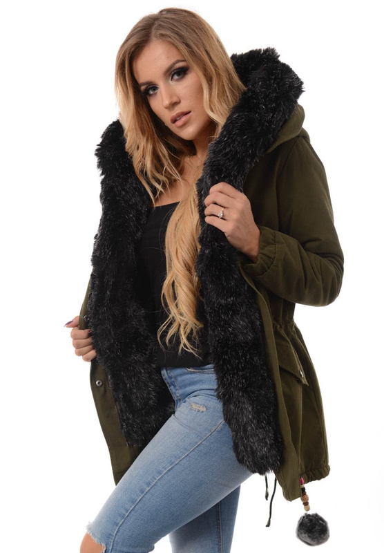 Piękna Damska Kurtka Parka Zielona z Czarnym Futerkiem