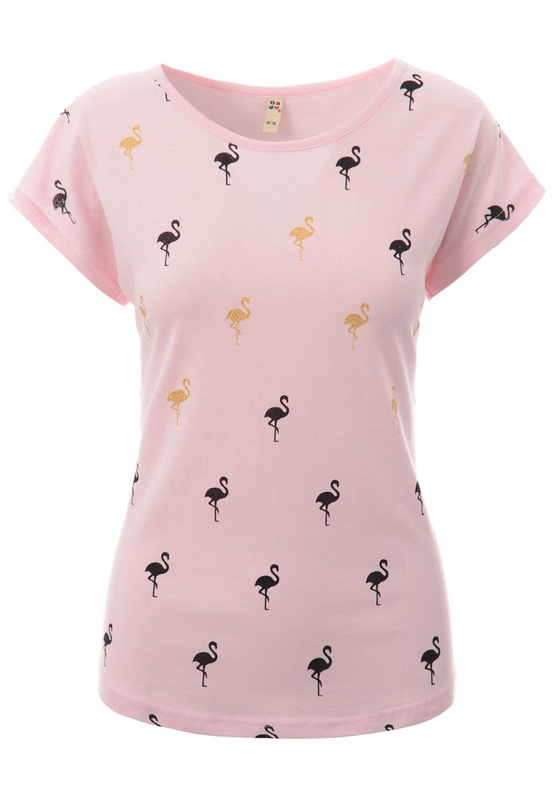Damska Koszulka Krótki Rękaw T-Shirt Nadruk Flamingi Różowa