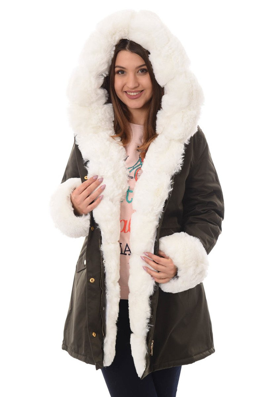 Damska Kurtka Parka Zimowa Patrycja Zielona Z Białym Futrem