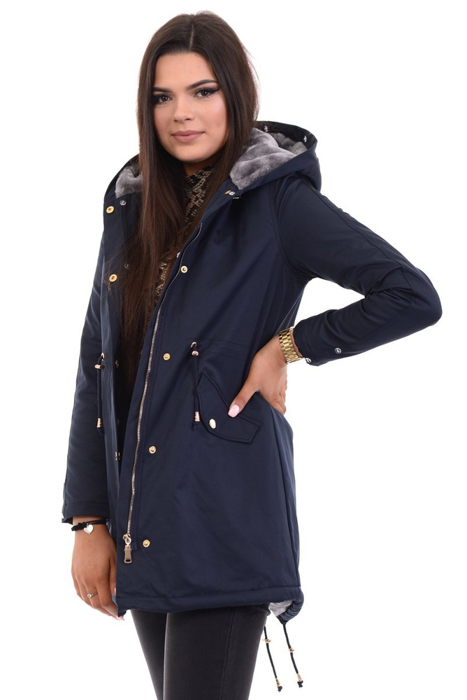Damska Kurtka Parka Zimowa Wanessa Granatowa Z Szarym Futerkiem