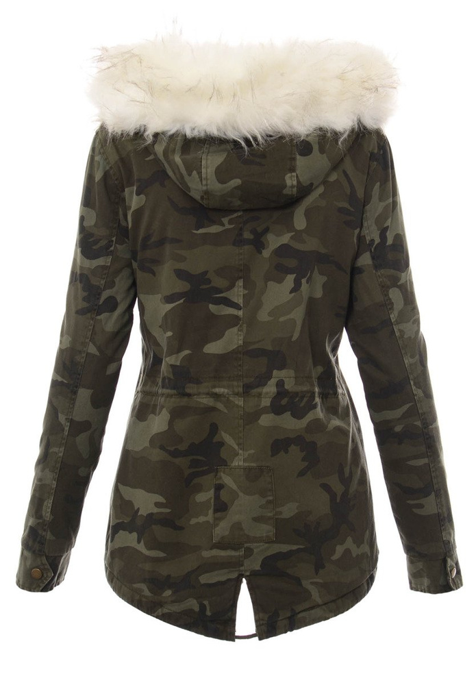 Damska Kurtka Parka Przejściowa Moro z Białym Futerkiem