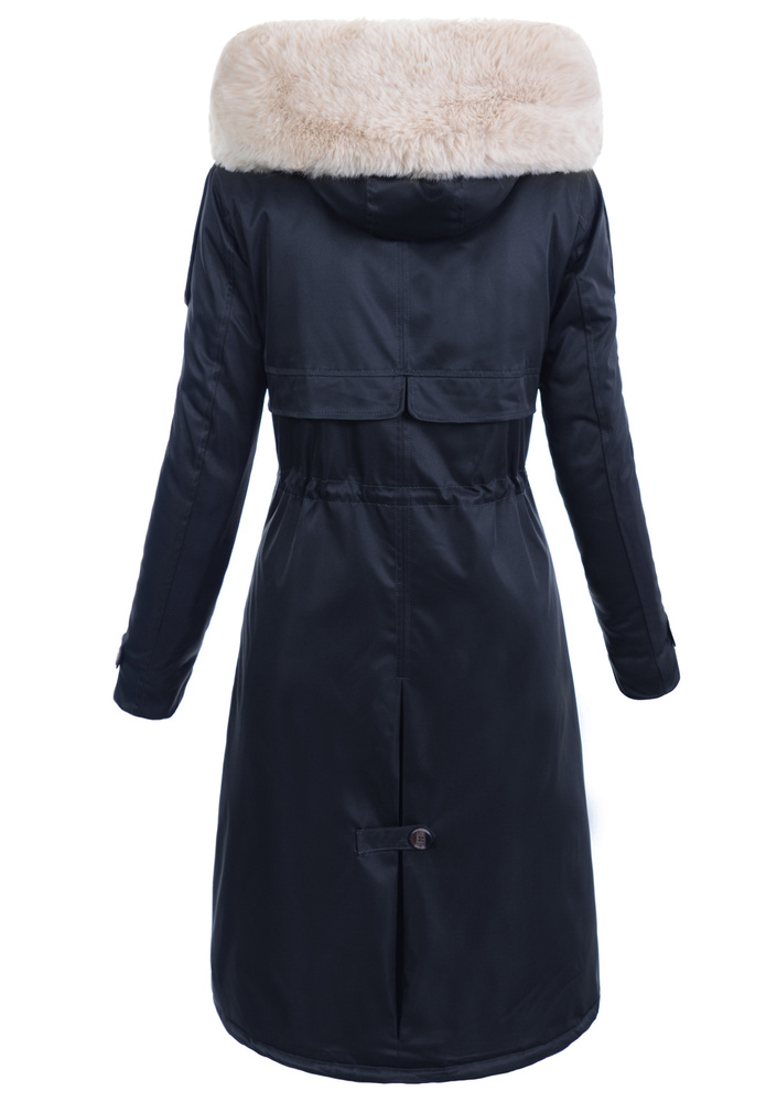 Damska Kurtka Parka Zimowa Dominika Granatowa Z Futerkiem Ecru