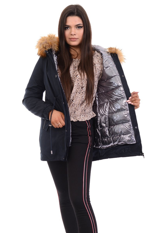 Parka Zimowa 3w1 Granatowa Z Brązowym Futerkiem