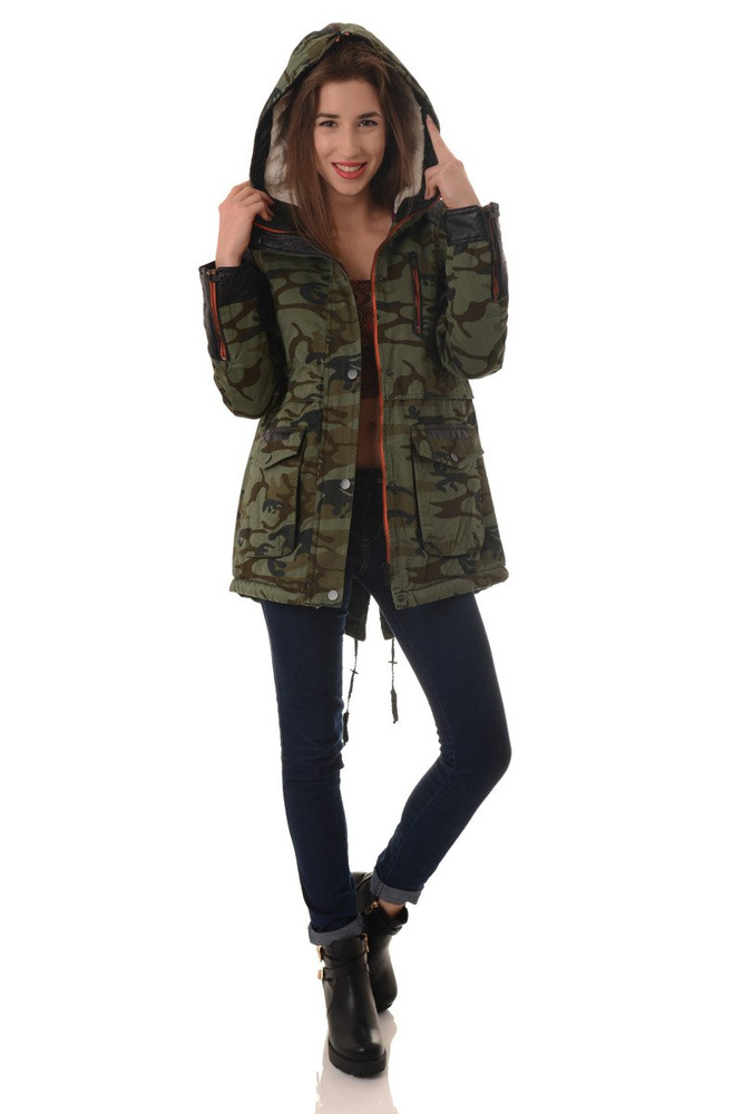 Damska Zimowa Kurtka Parka Płaszcz Moro Zielona