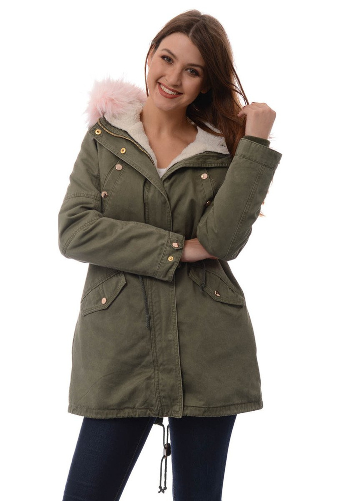 Damska Kurtka Parka Zimowa 2w1 Mila Zielona z Różowym Futerkiem