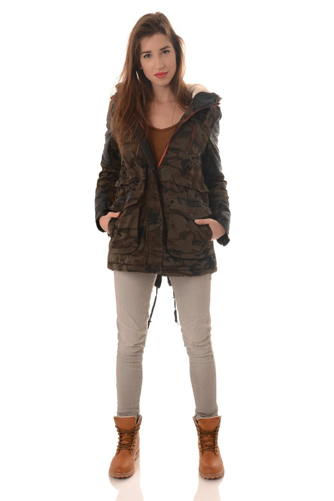 Damska Zimowa Kurtka Parka Płaszcz Moro Oliwkowa