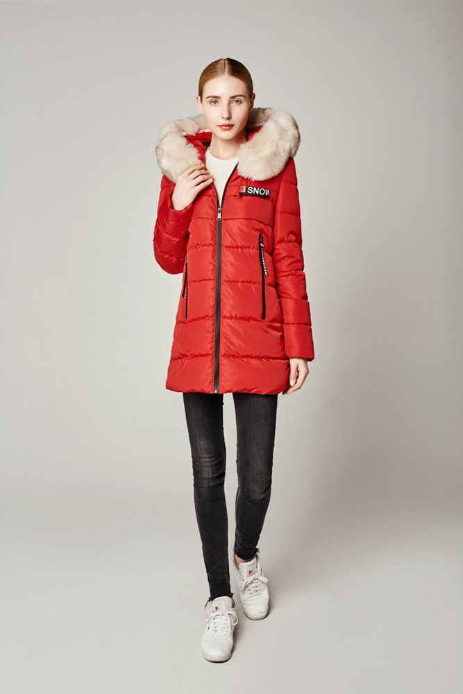 Damska Długa Zimowa Kurtka Ortalionowa Czerwona