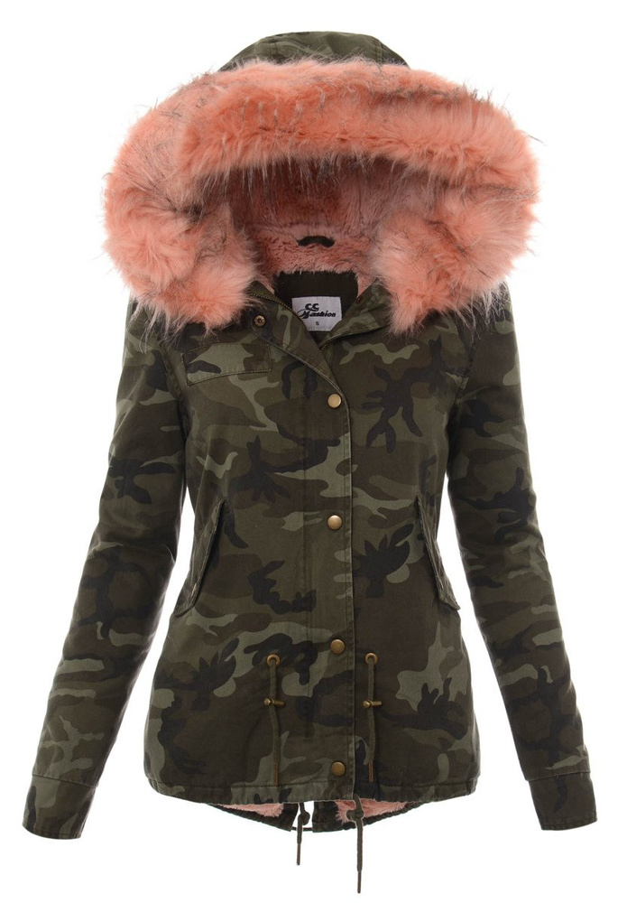 Damska Kurtka Parka Przejściowa Moro z Różowym Futerkiem