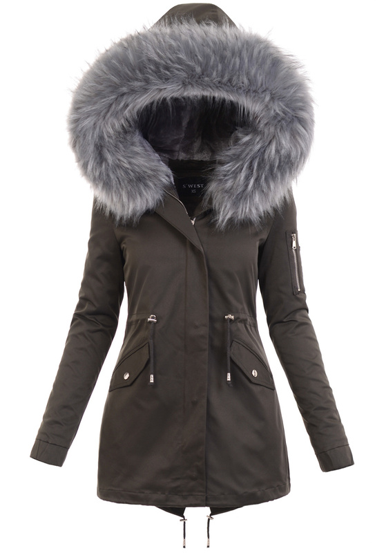Damska Kurtka Parka 2w1 Dagmara Khaki z Szarym Futerkiem