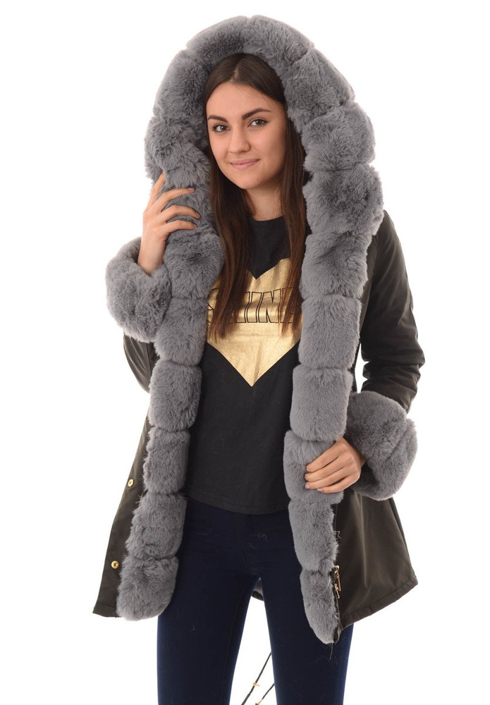 Kurtka Patrycja Khaki Z Szarym Futerkiem