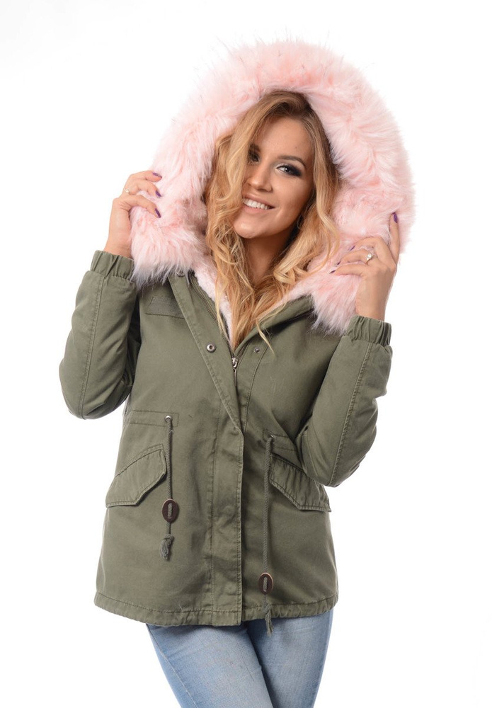 Damska Kurtka Parka Zimowa 2w1 Dominika Zielona z Różowym Futerkiem