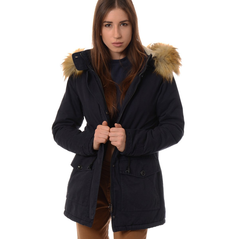 Damska Parka Kurtka Zimowa Futro Granatowa