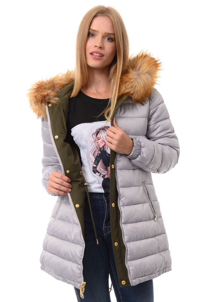 Dwustronna Zimowa Kurtka Marlena Khaki Szara