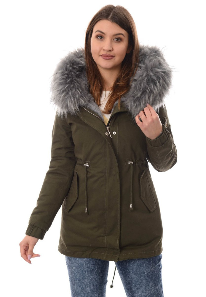 Piękna Damska Kurtka Parka 2w1 Emilia Zielona z Szarym Futerkiem