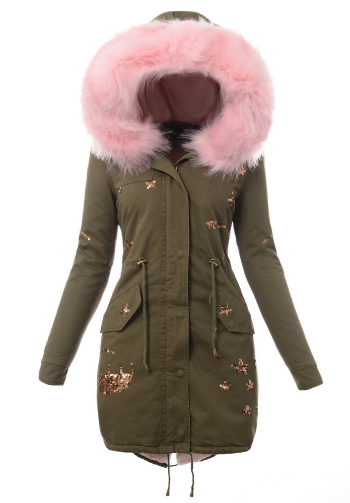 Piękna Damska Kurtka Parka Zielona z Różowym Futerkiem