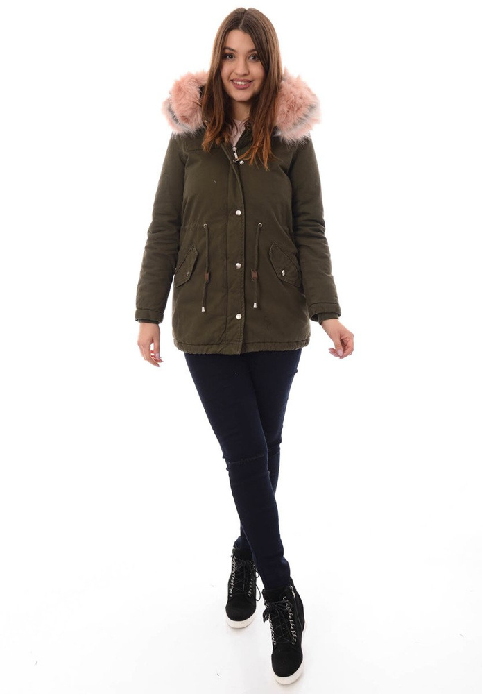 Damska Kurtka Parka Zimowa Kornela Zielona z Różowym Futerkiem