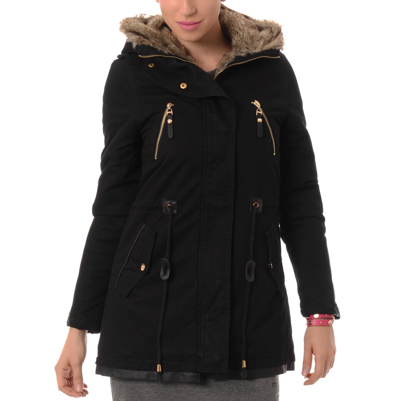 Damska Kurtka Zimowa Parka Futro Czarna