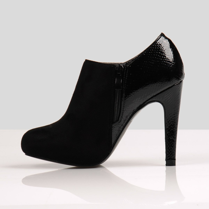 Botki Na Obcasie Welur Skóra Węża Czarne