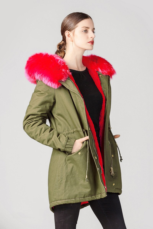 Piękna Damska Kurtka Parka Ismena z Czerwonym Futerkiem
