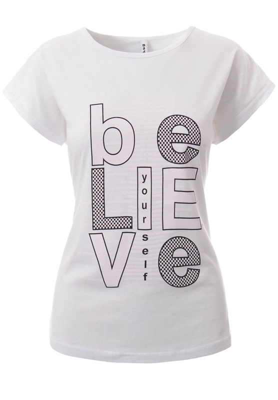 Damska Koszulka Krótki Rękaw T-Shirt Nadruk BELIEVE Biała