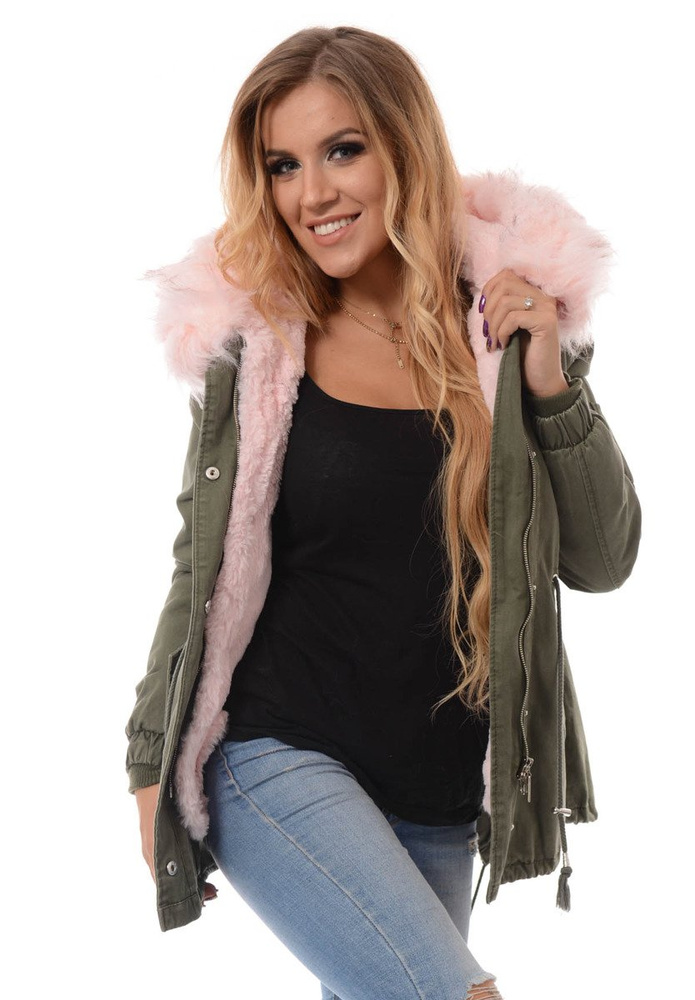 Damska Kurtka Parka Zimowa 2w1 Edyta Zielona z Różowym Futerkiem