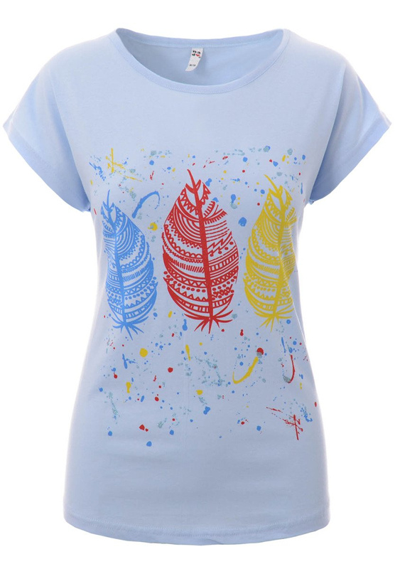 Damska Koszulka Krótki Rękaw T-Shirt Nadruk Pióra Błękitna