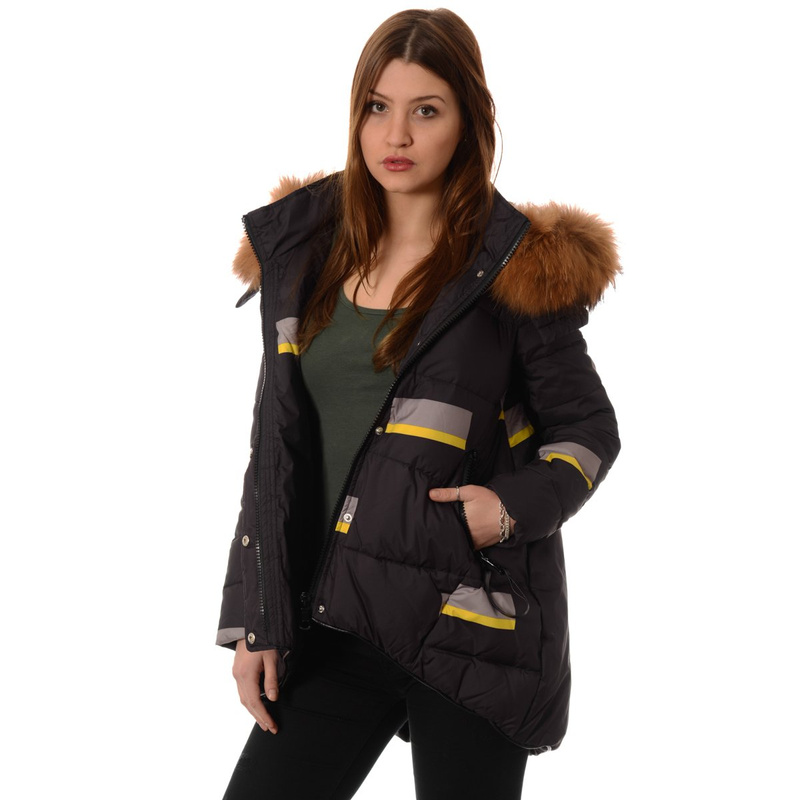 Puchowa Kurtka Zimowa Naturalne Futro Czarna