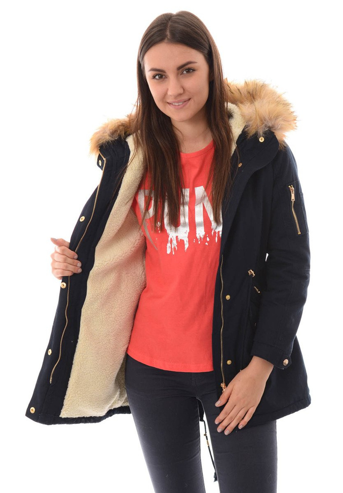 Damska Bawełniana Zimowa Kurtka Parka Granatowa