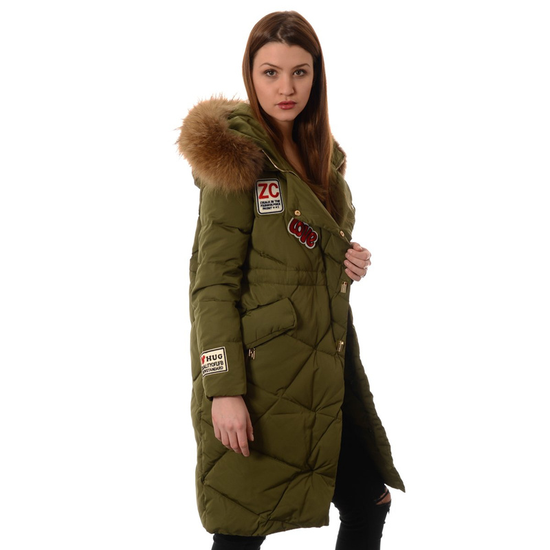 Puchowa Kurtka Zimowa Naturalne Futro Zielona