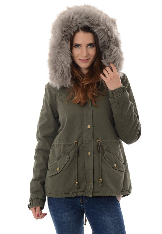 Piękna Damska Kurtka Parka Lora Zielona z Szarym Futerkiem
