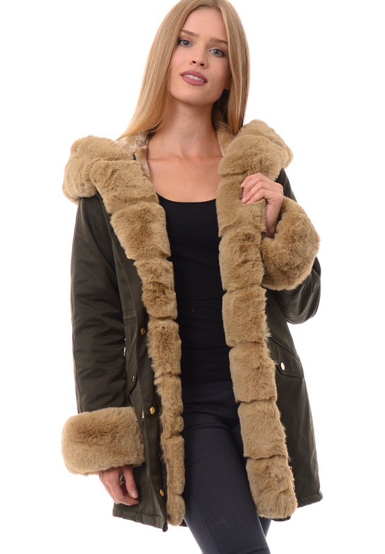 Kurtka Patrycja Khaki Z Beżowym Futerkiem