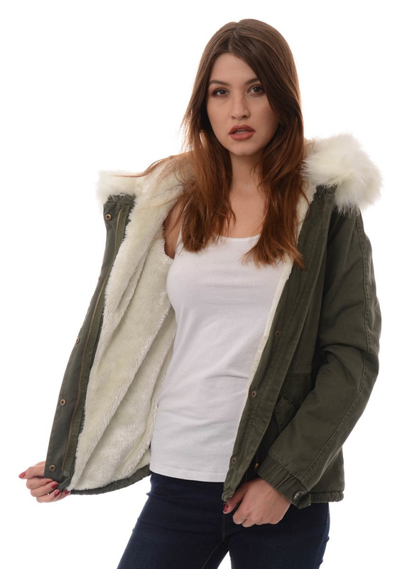 Piękna Damska Kurtka Parka Lora Zielona z Białym Futerkiem