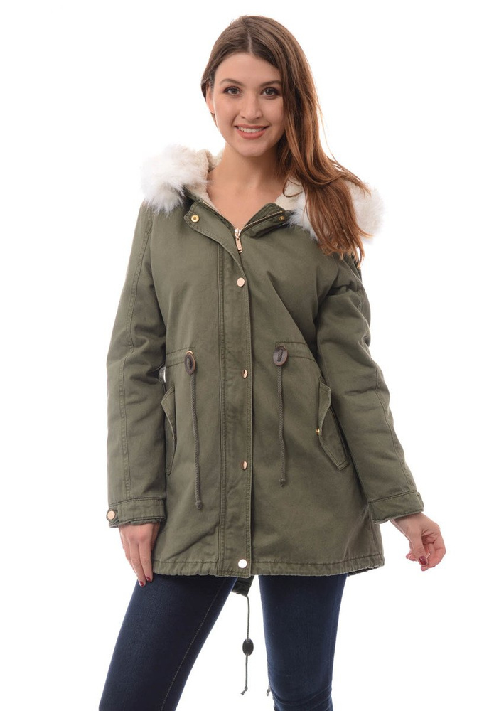 Damska Kurtka Parka Zimowa 2w1 Zielona z Białym Futerkiem