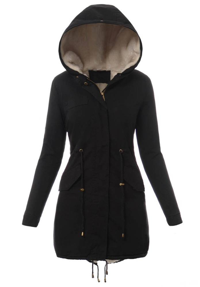 Piękna Damska Kurtka Parka Czarna z Białym Futerkiem