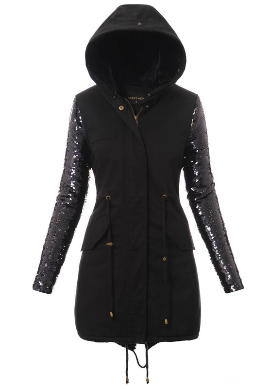 Piękna Damska Kurtka Parka Czarna z Czanym Futerkiem