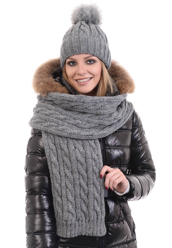 Komplet Damski Czapka z Szalikiem Szary