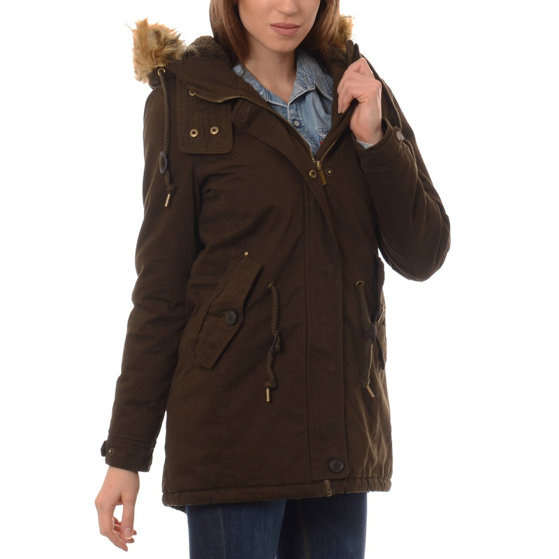 Damska Kurtka Parka Zimowa Futro Pola Oliwkowa