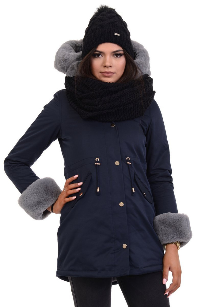 Damska Kurtka Parka Zimowa Wanessa Granatowa Z Szarym Futerkiem