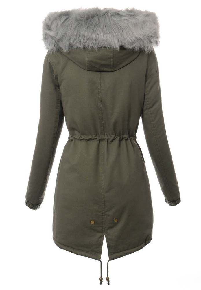 Piękna Damska Kurtka Parka Iwet Zielona z Szarym Futerkiem