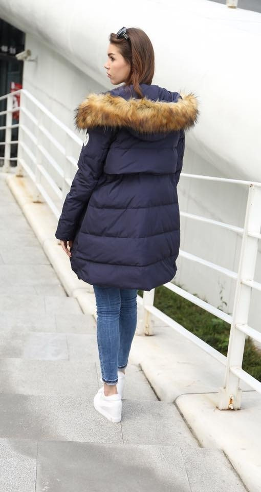 Długa Puchowa Damska Kurtka Zimowa Maya Granatowa