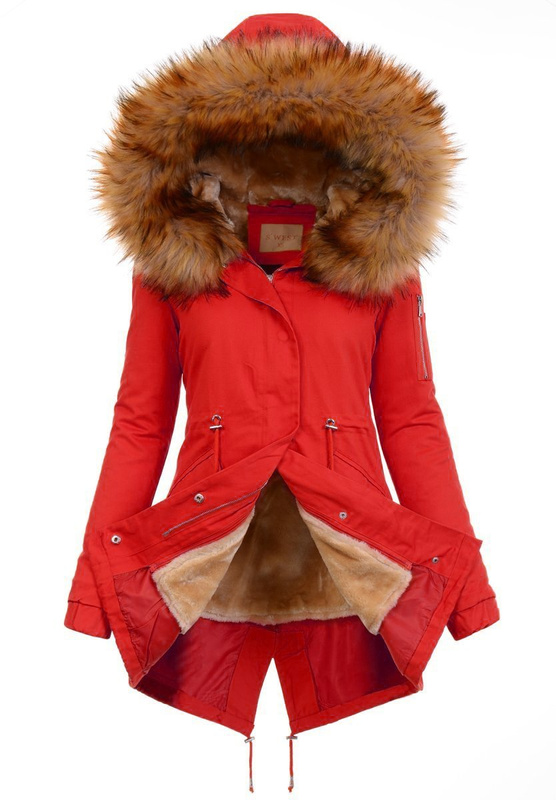 Damska Kurtka Parka 2w1 Emilia Czerwona z Brązowym Futerkiem