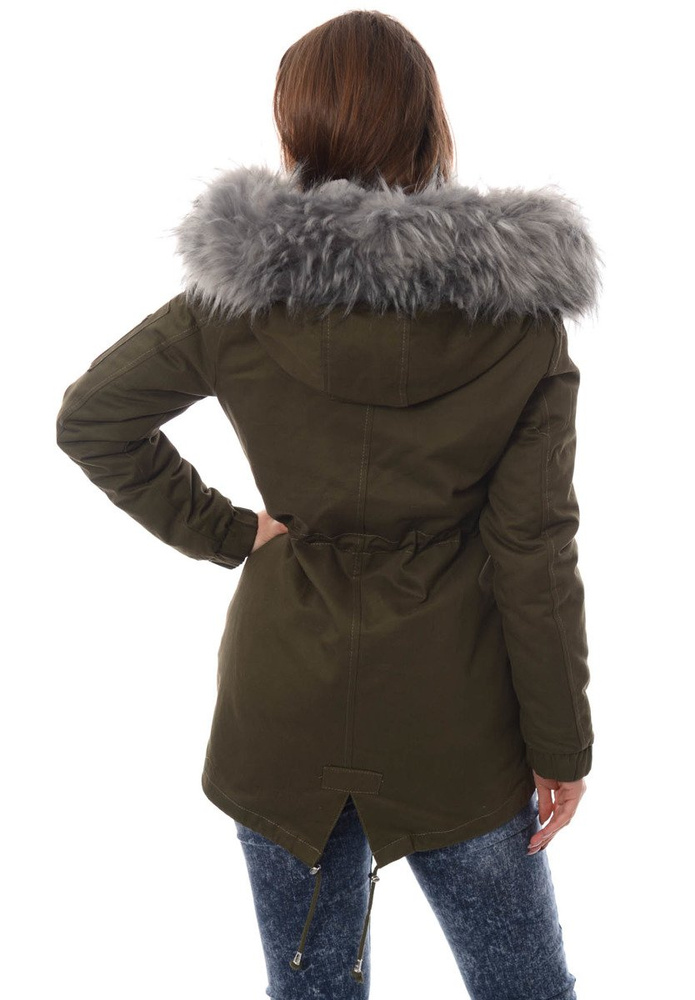 Piękna Damska Kurtka Parka 2w1 Emilia Zielona z Szarym Futerkiem