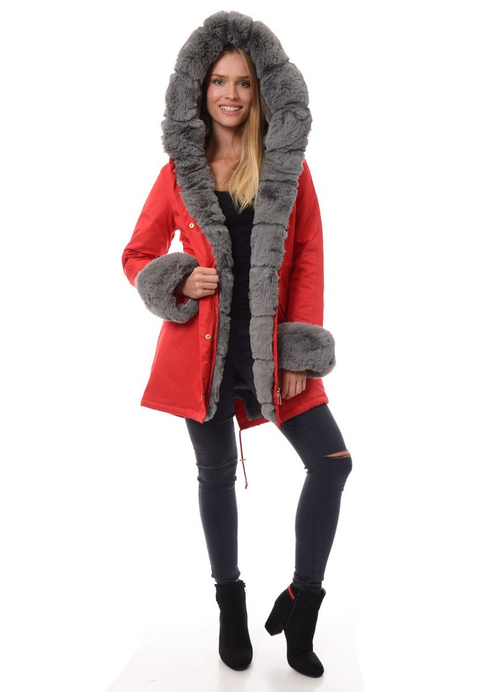 Kurtka Patrycja Czerwona Z Szarym Futerkiem