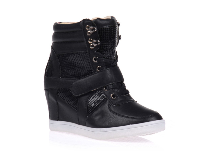 Botki Koturn Sneakers Cyrkonie Rzepy Czarne