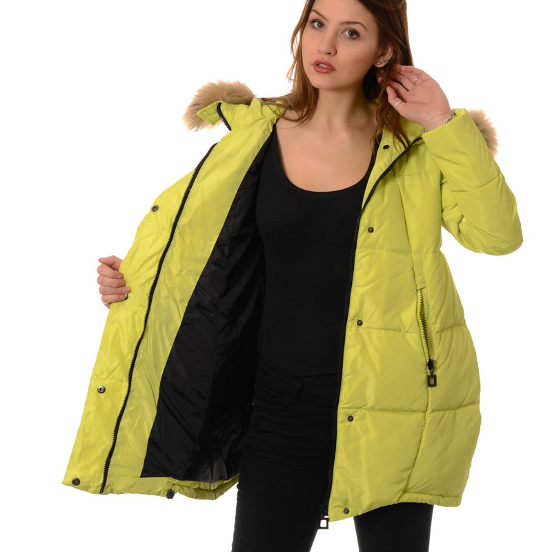 Puchowa Kurtka Zimowa Naturalne Futro Limonkowa